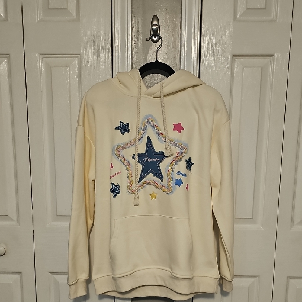 Cream Hoodie with Star Patch Design